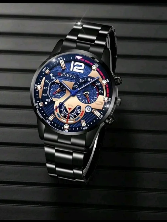 Geneva Men's Blue Dial Black Metal Bracelet Watch