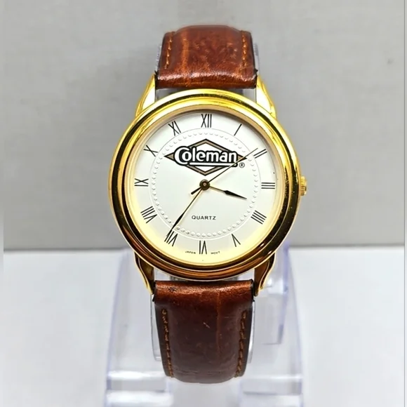 Coleman Quartz 18k Gold Plated Roman Numeral Dial Mens Leather Strap New Battery
