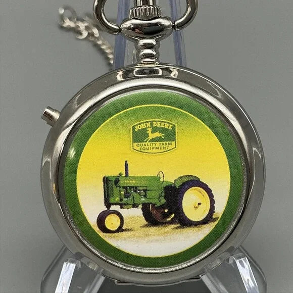 John Deere Pocket Watch Men 45mm Silver Tone Tractor Dial Chain New Battery