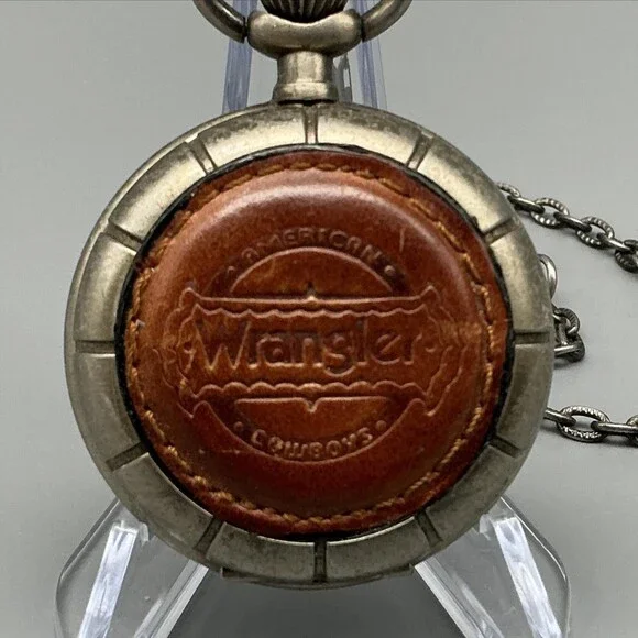Vtg Wrangler Pocket Watch Men 45mm Silver Tone Leather Logo Chain New Battery