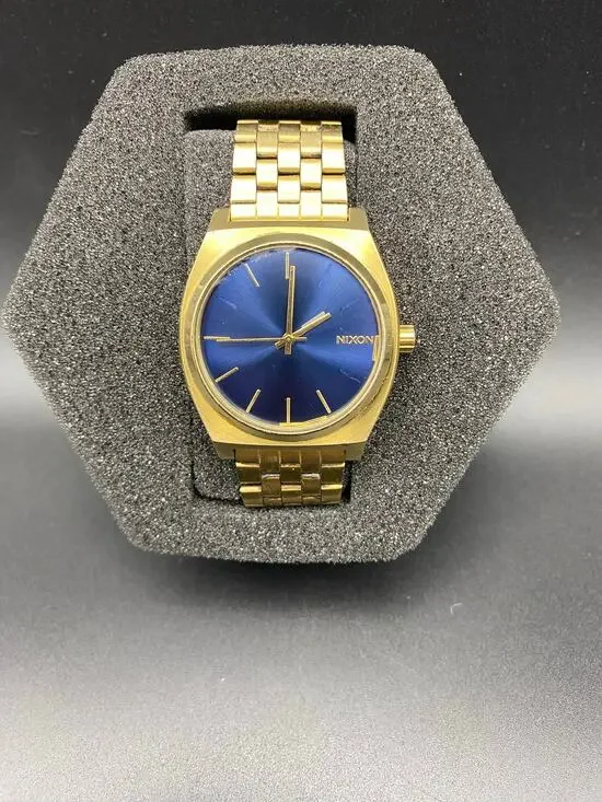 NIXON Time Teller Minimal Watch Blue Dial 37mm Gold Stainless Steel Mesh Band