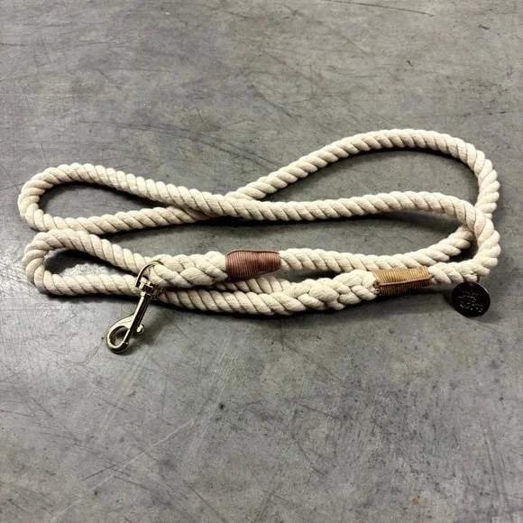 Lucky Pup Cotton Rope Dog Leash Cream Gold Hardware Handcrafted Style 5ft