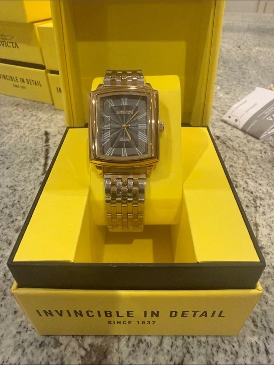 Invicta Men’s Gold-Tone Rectangular Bracelet Watch with Black Dial