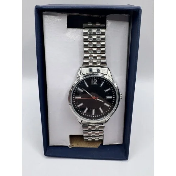 George Men's Silver Round Case Expansion Bracelet Watch Black Dial Red Hand New