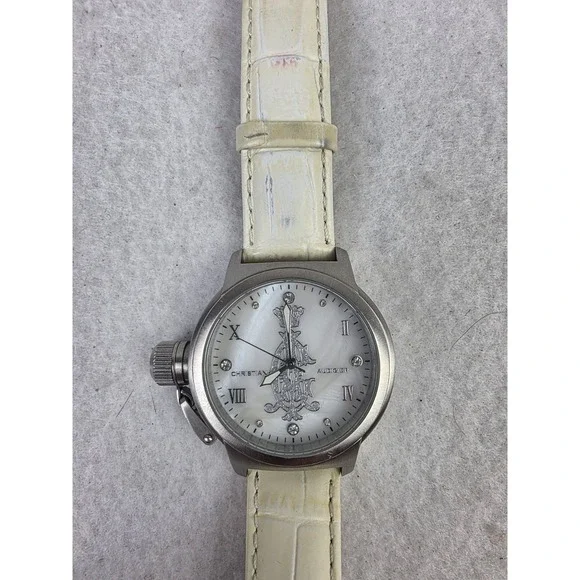 Vintage Christian Audigier‎ Men's Watch Ed Hardy White Genuine Leather INT-314