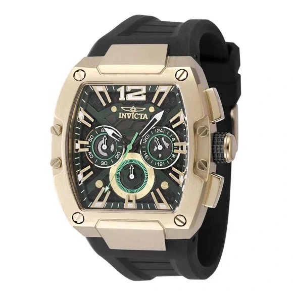 Invicta Racing Mens Chronograph Gold Tone Green Dial Black Silicone Watch