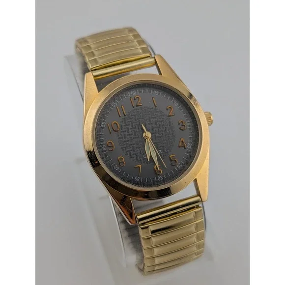 Puritan Men's Watch 34mm Case Black Dial Gold Stretch Band- New Battery