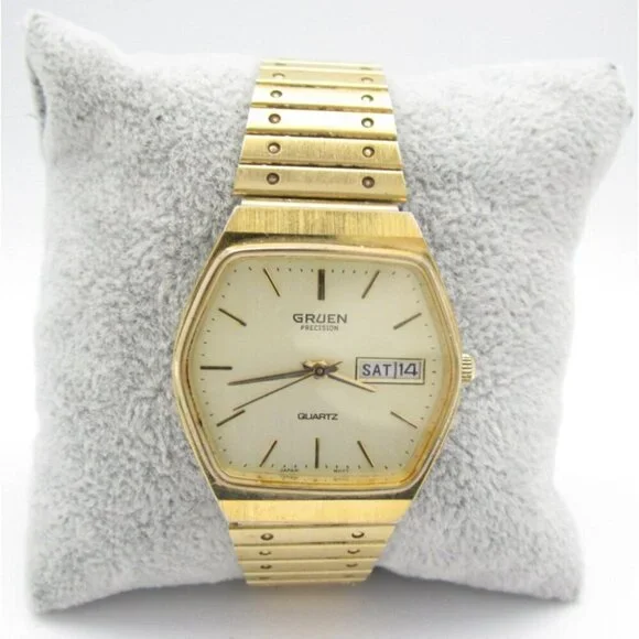 Vtg Gruen Precision Hexagon Quartz Analog 32mm Round Watch (I16) 