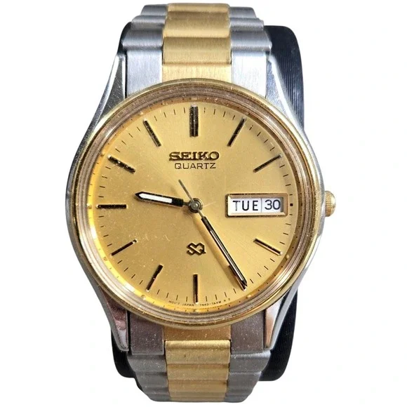 Seiko Quartz Watch Mens 37mm Two Tone Gold Dial Day Date 7N43-7A39  Tested
