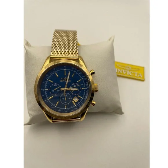 Invicta Speedway 25224 Mens Chronograph Watch Gold Blue Dial Stainless Mesh Band