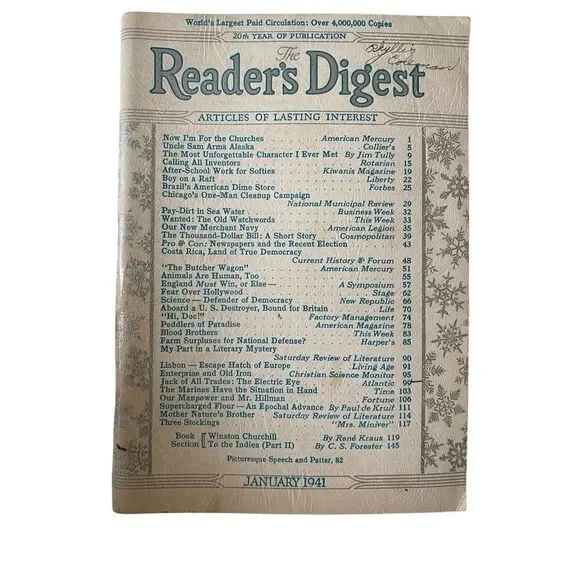 Readers Digest January 1941 Articles Of Lasting Interest WW2 Era