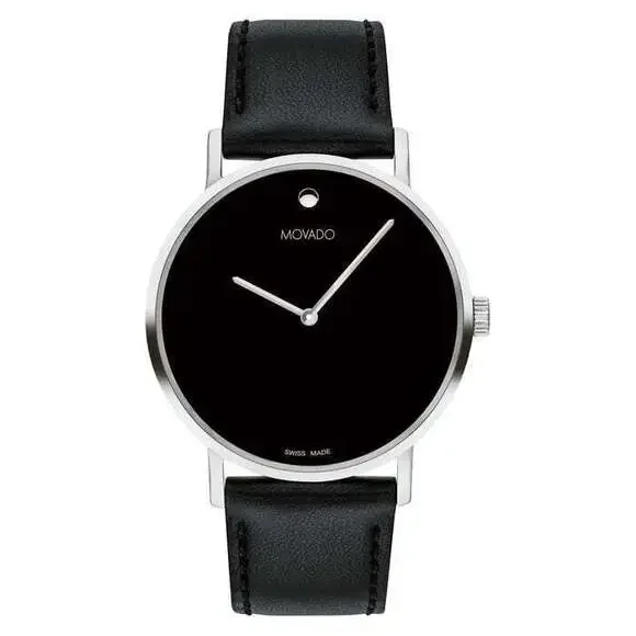 MOVADO SIGNATURE 0607589 40MM BLACK LEATHER STRAP SILVER MENS WATCH