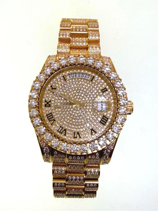 Gold Moissanite Automatic Watch Stainless Steel Self-Winding Round Case