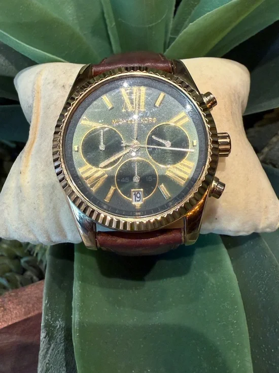 Michael Kors MK2437 Green Dial Chronograph Watch | Gold Tone Brown Leather