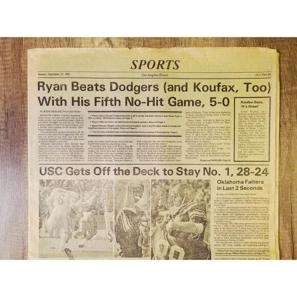 1981 Sep 27: LA Times Sports Astros Nolan Ryan 5th No-Hitter Passing Koufax! MLB