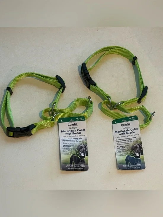 2 Coastal NoSlip Martingale Dog Collars with Buckle - Lime Green (Large)