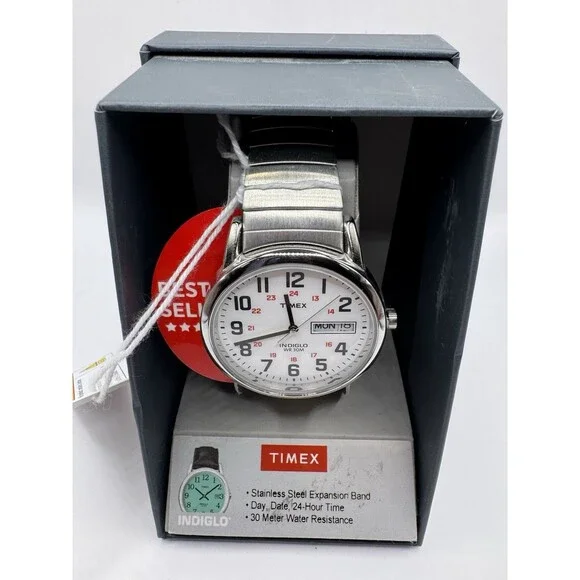 Mens Timex Easy Reader Indiglo Watch 35mm Silver Tone Stretch Day-Date New