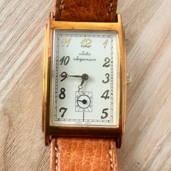 Vintage Jules Jurgensen gold tone curvex pigskin leather dress watch NEW BATTERY