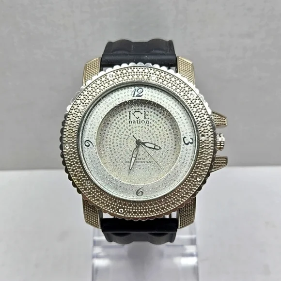 Mens Ice Nation SF-1030 Faux Diamond Dial Watch Silver Tone New Battery