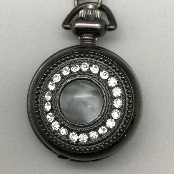 Rhinestone Pocket Watch Pendant Necklace Women 29mm Silver Tone New Battery