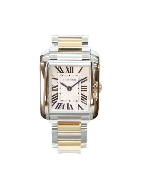 Cartier YG SS Tank en Gray SM Silver Guilloche Dial Quartz