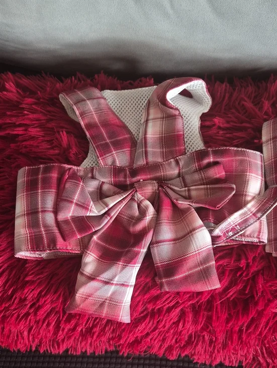 Plaid Pink Dog Harness with Decorative Bow