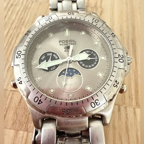 Fossil Blue mens stainless steel moon phase BQ-9011  sport watch NEW BATTERY