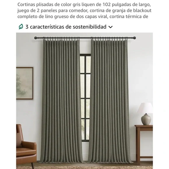 Lichen Gray Pleated Blackout Curtains 102 Inch 2 Panel Set Faux Linen Thermal