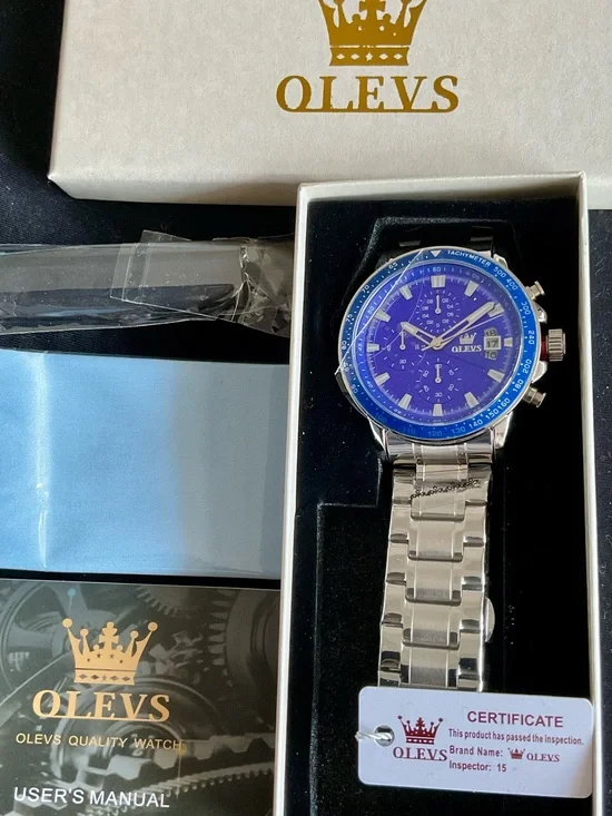 NIB OLEVS Men’s Blue Dial Stainless Steel Chronograph Watch Full Set