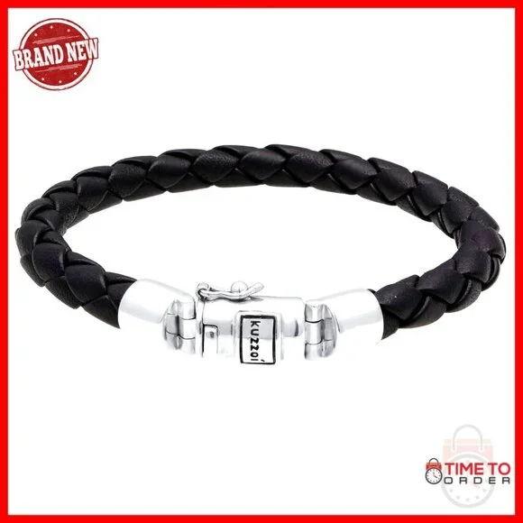 Men's Sterling Silver Leather Bracelet with Clasp, Adjustable Length