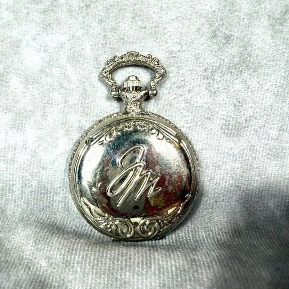 Vtg Pocket Watch Quartz Silver Tone Hunter Case Ornate Floral Japan Movt WORKING