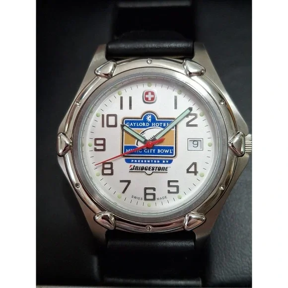 Mens Wenger SAK Swiss Made Silvertone Watch.Music City Bowl Commemorative/Logo.