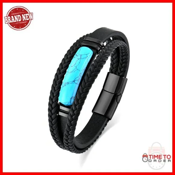 Leather Bracelet with Turquoise Beads, Stainless Steel Buckle, 23cm Wristband