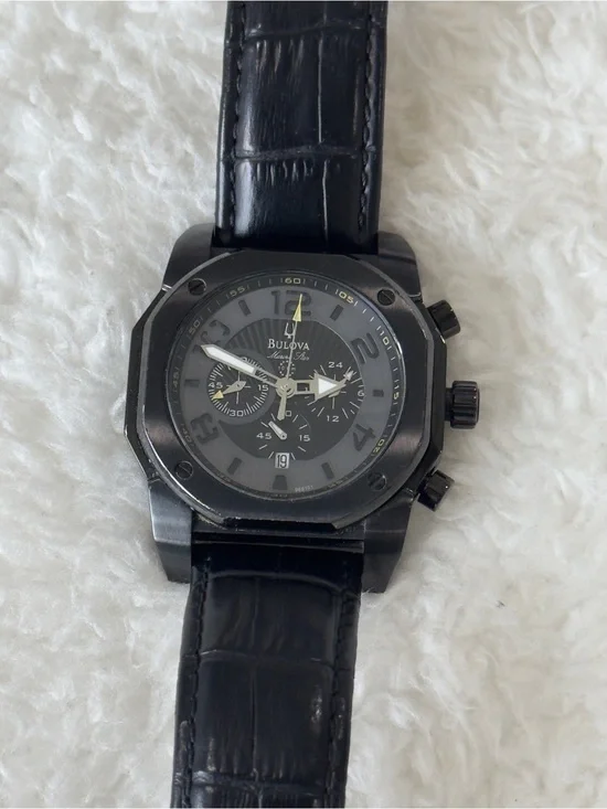 Bulova Black Marine Star Dial Black Leather Strap Chronograph Watch