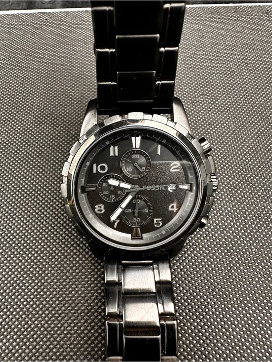 Fossil Black Stainless Steel Chronograph Watch with Silver Caseback