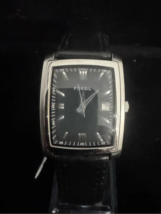 Fossil Silver Rectangular Case Watch with Black Leather Strap