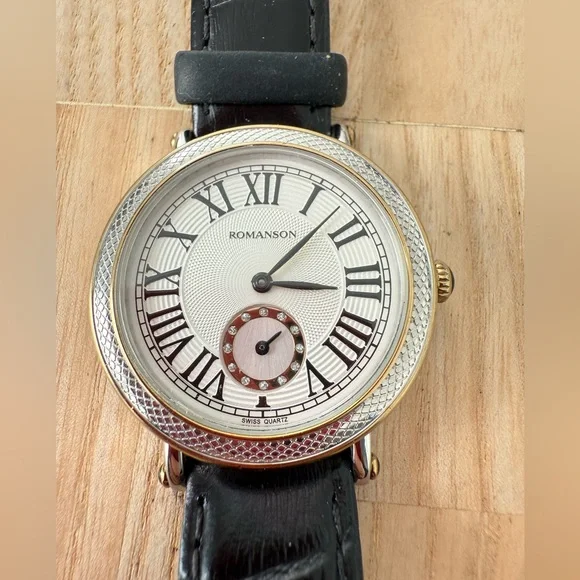 Romanson Swiss Quartz black leather watch NEW BATTERY