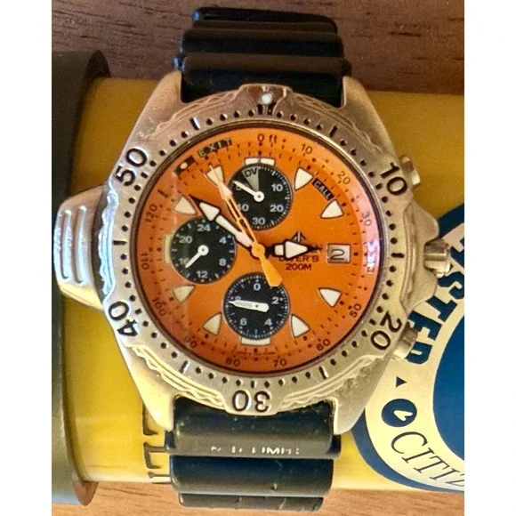 RARE Citizen Aqualand 3745-E70031 Promaster Diver 200m Watch Orange Dial W Case