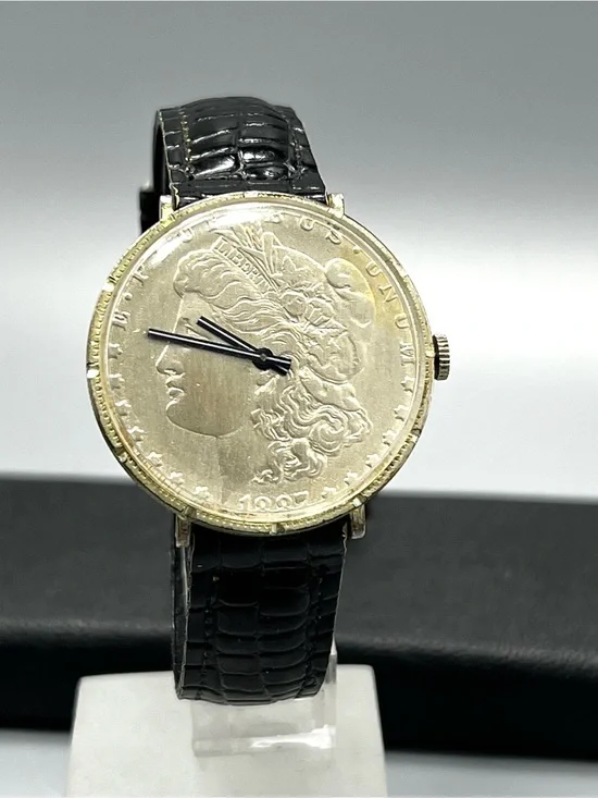 Vintage Le Jour Coin Face Men's Watch with Black Leather Strap