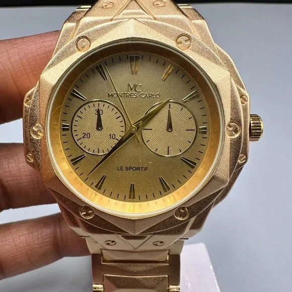 Montres Carlo Watch Men Gold Tone Round Dial 48MM New Battery 8.5 New With Tags