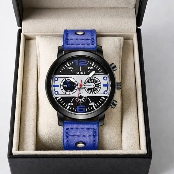 SOKI Mens Sport Quartz Watch Black Blue Leather Strap Military Racing Style‎ NEW