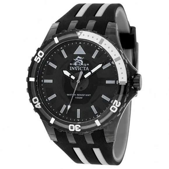 Invicta Subaqua 69447 Mens Watch Black Acrylic 44mm Case Silicone Strap 100M