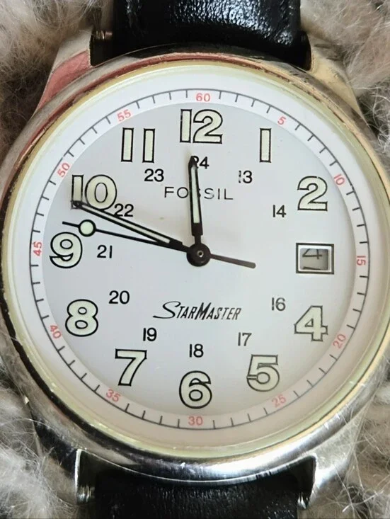 Vintage Rare Fossil StarMaster  Watch With Light Up Dials & Numbers Leather Band