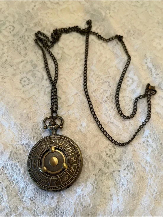 Bronze-tone Vintage Style Pocket Watch Necklace with Asian Motif