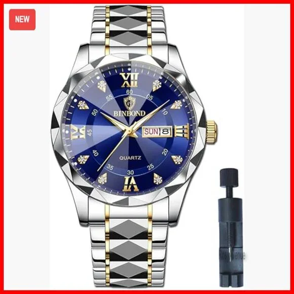 Stainless Steel Quartz Watch with Week Date Calendar Waterproof Business Dress