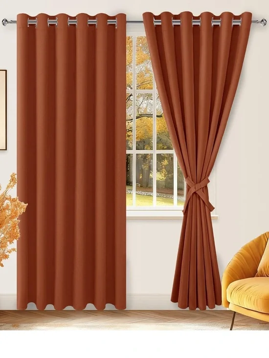 Set Of 2 Grommet Blackout Insulated Curtains 70x84 Sewn w/Tiebacks~Burnt Ochre