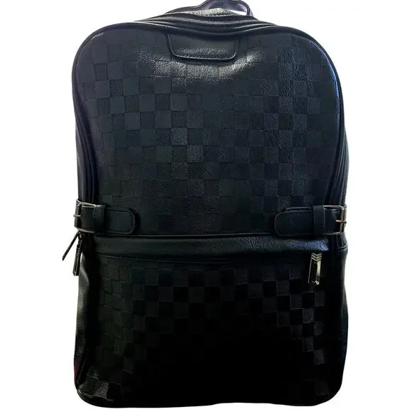 Black Checkered Faux Leather Laptop Backpack Travel Business School New
