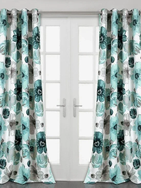 Set Of 8 Aqua Floral Pattern Room Darkening Curtain Panels 52x63 Inch