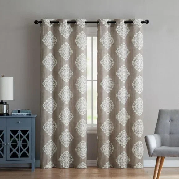 VCNY Curtains Taupe Boho Medallion in White PAIR of Panel 84