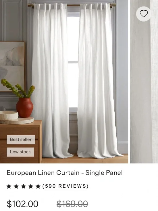 *NWT QUINCE Set Of 2 48x108 European Linen Curtains Cream 8392